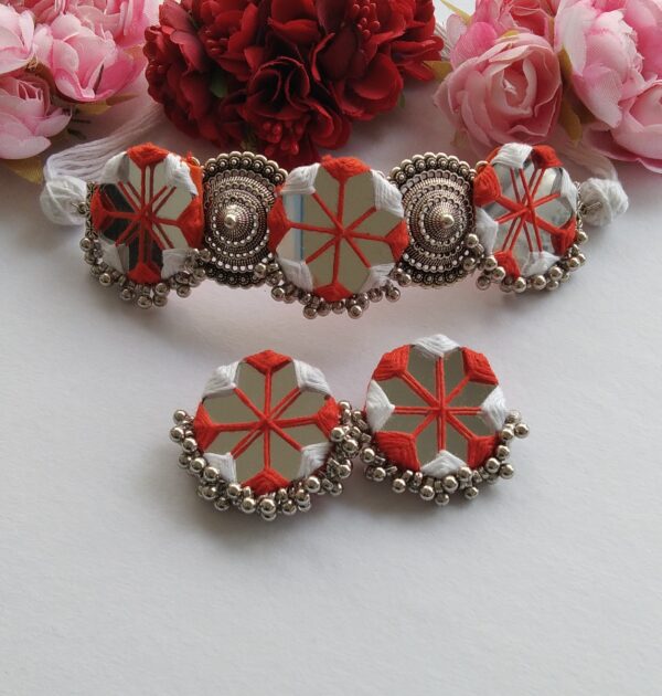Handmade Orange & White Mirror Choker Necklace Set