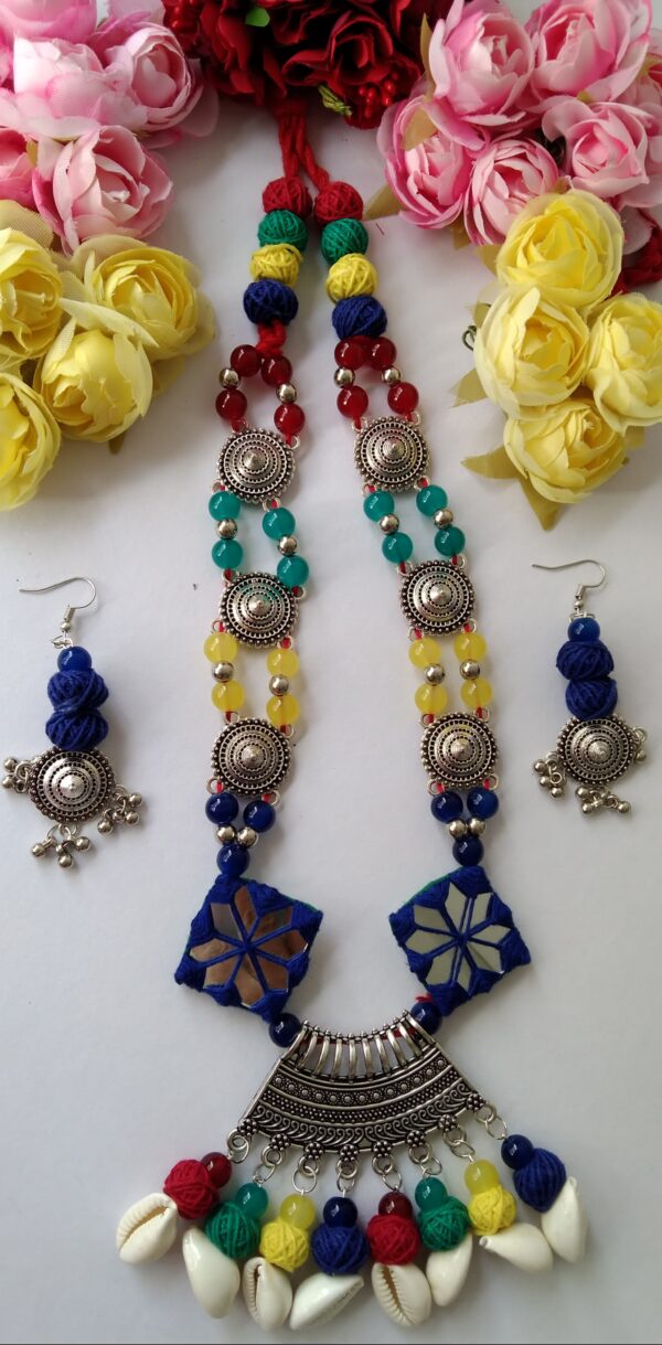 Multicolor Beaded Necklace Set with Mirror Work Pendant and Cowrie Shell Accents