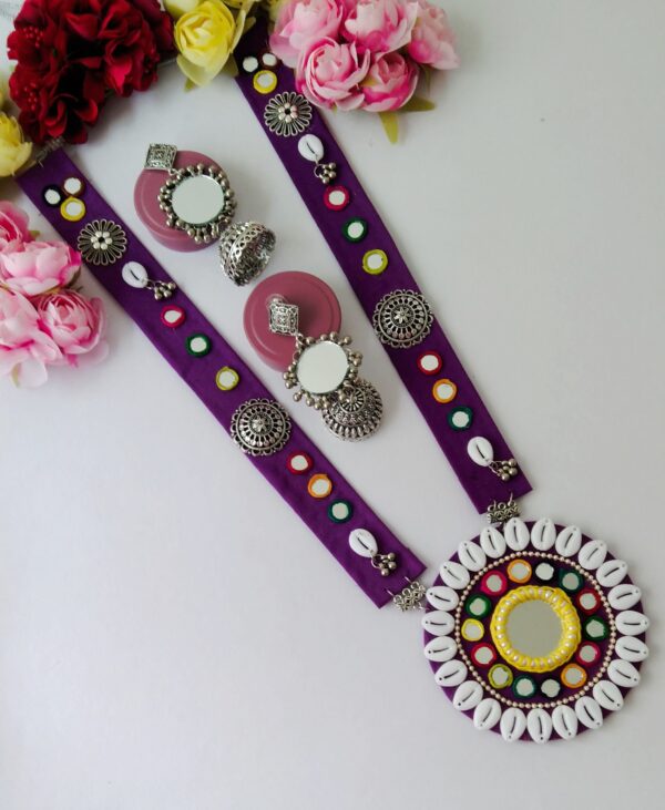 Handmade Purple color Fabric Cowry Shell Long Neckless For Navratri