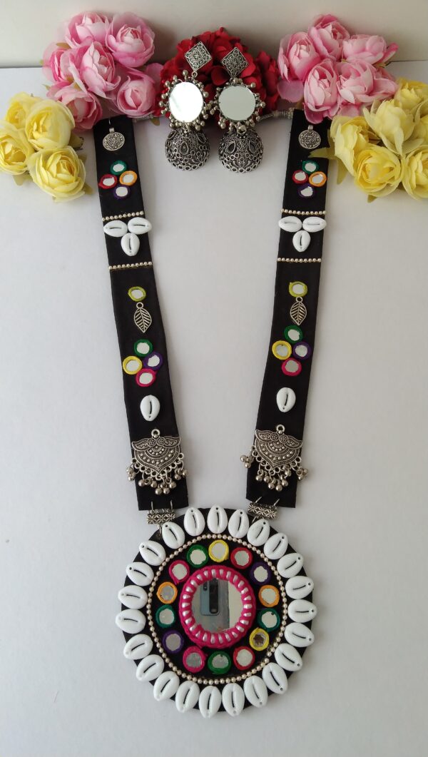 Handmade Black colour Fabric Cowry Shell Long Neckless For Navratri