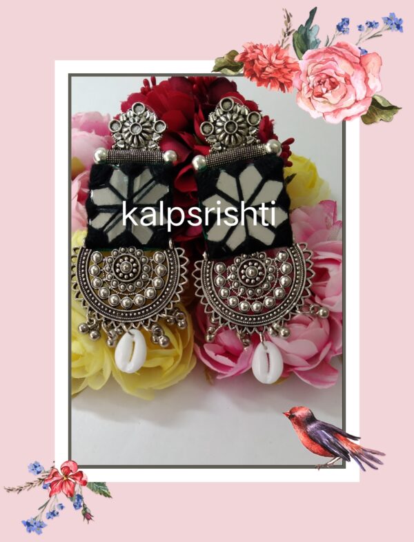 Black Colour Oxidised Mirror Earrings