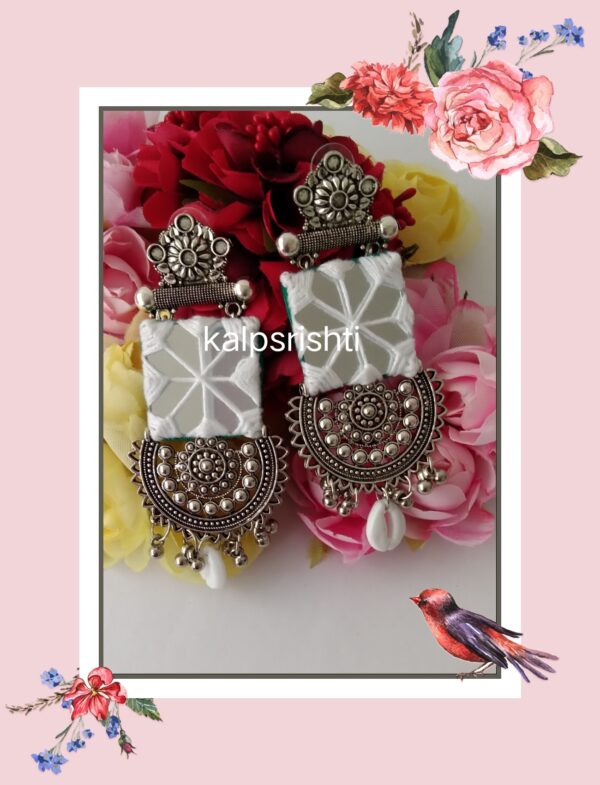 White Color Oxidised Mirror Earrings