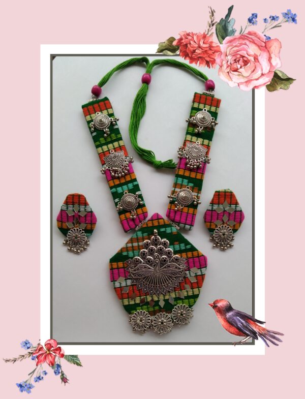 Handmade Multicolored Jacquard Fabric Handwoven Oxodised Long Necklace For Navratri