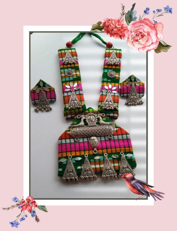 Handmade Multicolored Jacquard Fabric Handwoven Oxodised Long Necklace For Navratri