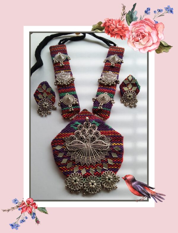 Handmade Multicolored Jacquard Fabric Handwoven Oxodised Long Necklace For Navratri