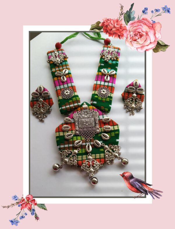 Handmade Multicolored Jacquard Fabric Handwoven Oxodised Long Necklace For Navratri