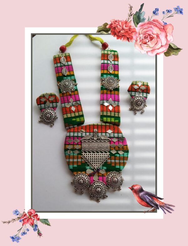 Handmade Multicolored Jacquard Fabric Handwoven Oxodised Long Necklace For Navratri