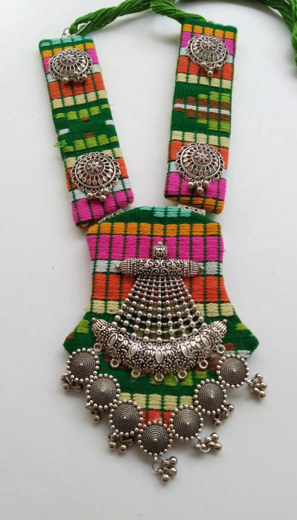 Handmade Multicolored Jacquard Fabric Handwoven Oxodised Long Necklace For Navratri