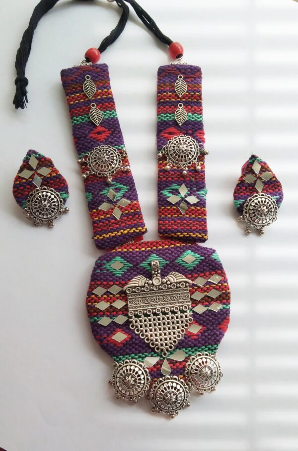 Handmade Multicolored Jacquard Fabric Handwoven Oxodised Long Necklace For Navratri