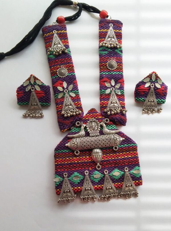 Handmade Multicolored Jacquard Fabric Handwoven Oxodised Long Necklace For Navratri